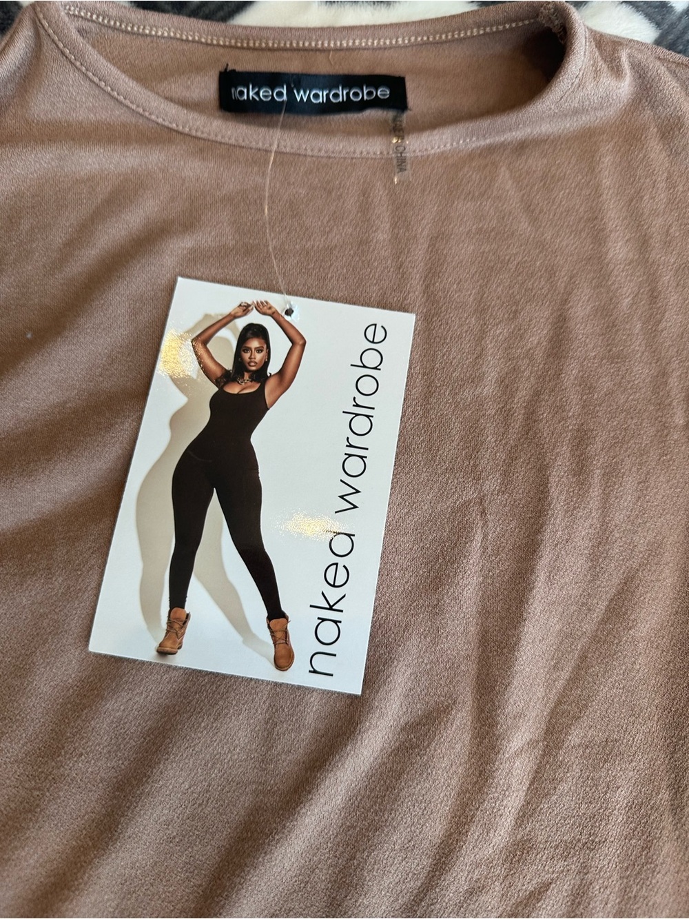 naked wardrobe Long Sleeve Bodycon Dress in Taupe Brown - Picture 2 of 2